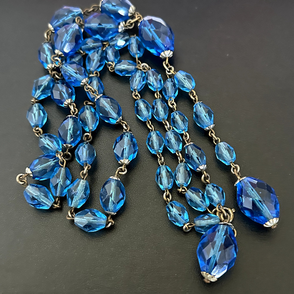Antique Blue Faceted Crystal Long Beaded Lariat Drop Necklace 31"